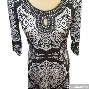 INC International Concept Boho Tunic Dress with Rhinestone Neckline 3/4 sleeve